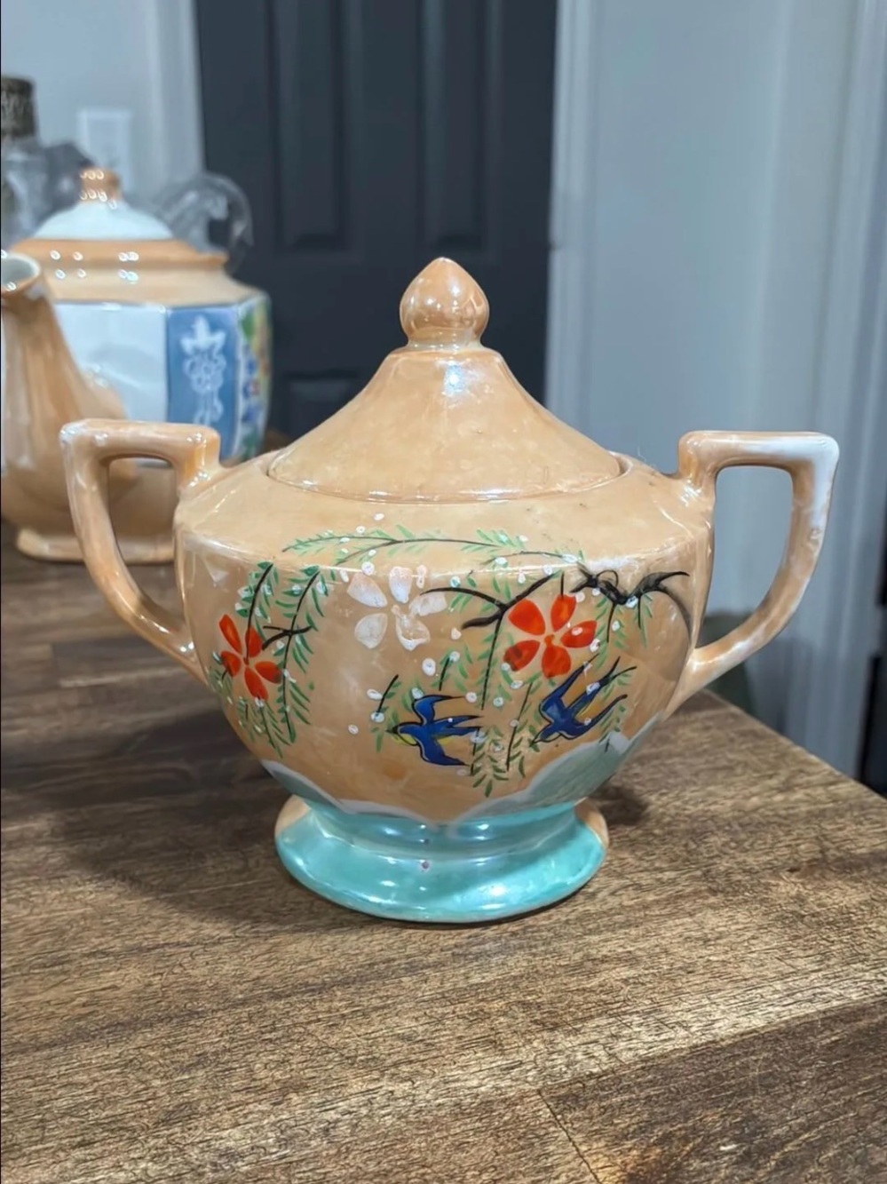 Hand-Painted Peach and Turquoise Ceramic Sugar Bowl - Lusterware